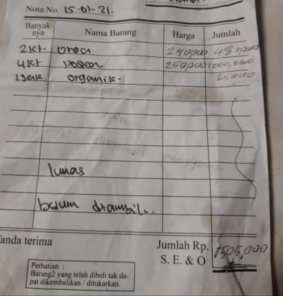 Bukti Nota Pembelian Pupuk Petani Tanggal 15 Januari 2021